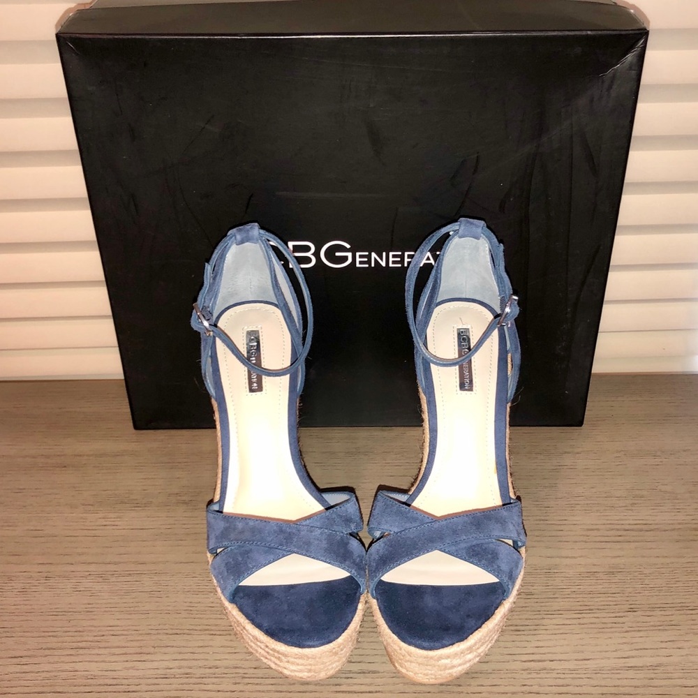 Sale! Blue Suede BCBGeneration Wedge Sandals - 9